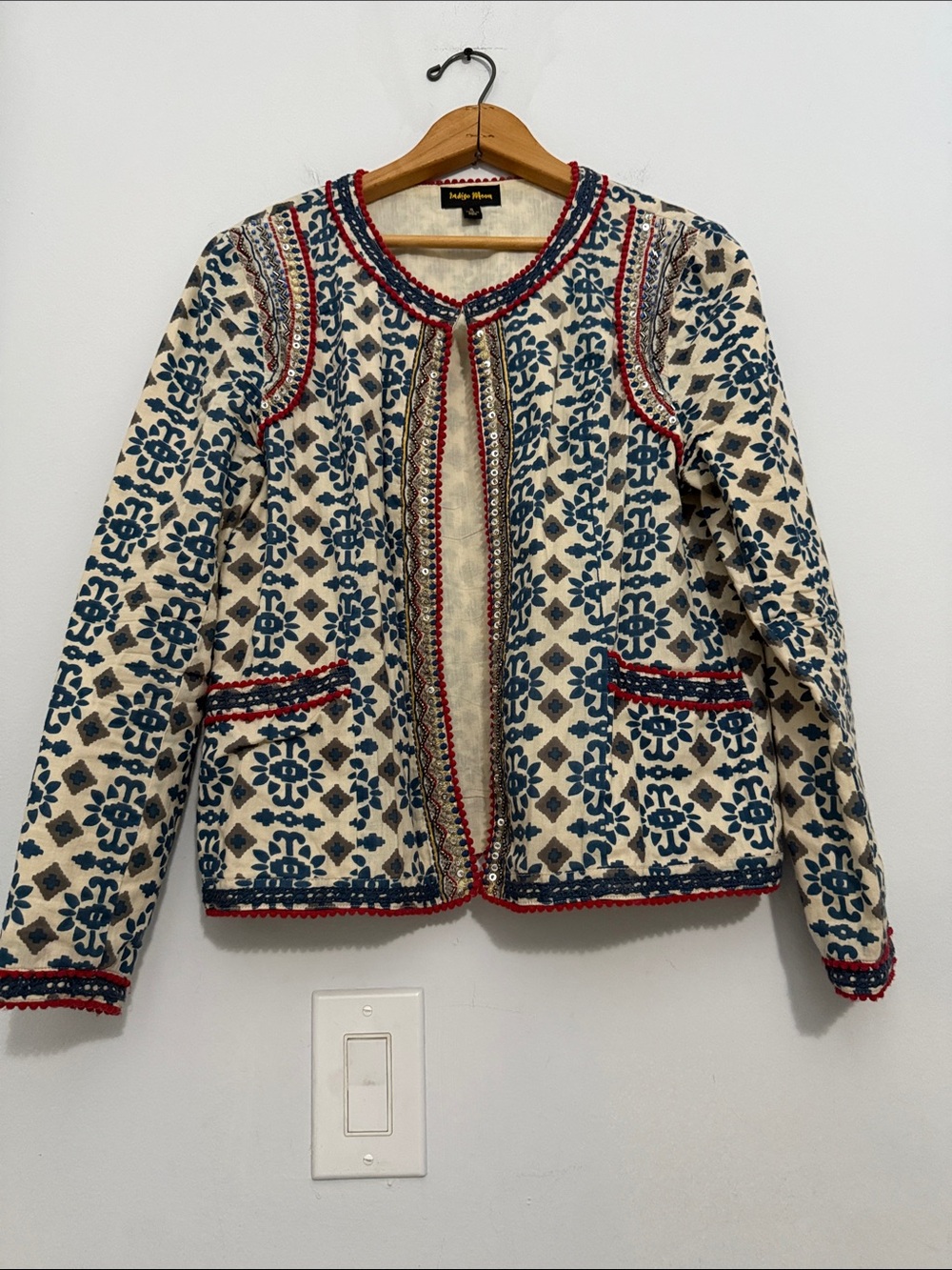Anthropologie Cream Jacket Blue Floral Motif and Red Trim Beaded Sequins Boho